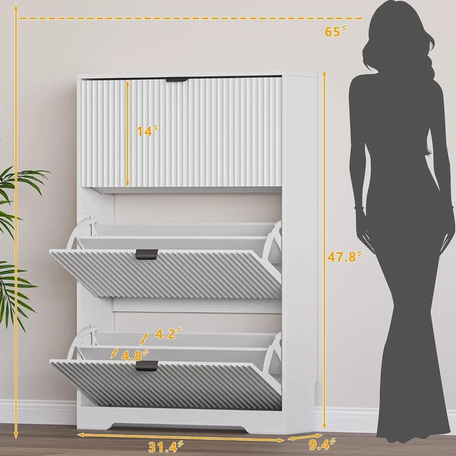 Alt view image 2 of 7 - Entryway Shoe Cabinet with 3 Flip Drawers, Narrow Shoe Organizer Cabinet with Fluted Panel and Adjustable Shelves for Foyer, Hallway