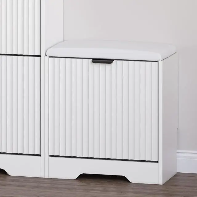Alt view image 5 of 7 - Slim Shoe Cabinet with Bench for Entryway, Hidden Storage and Adjustable Shelves, Free Standing Wooden Shoes Organizer for Foyer, Hallway