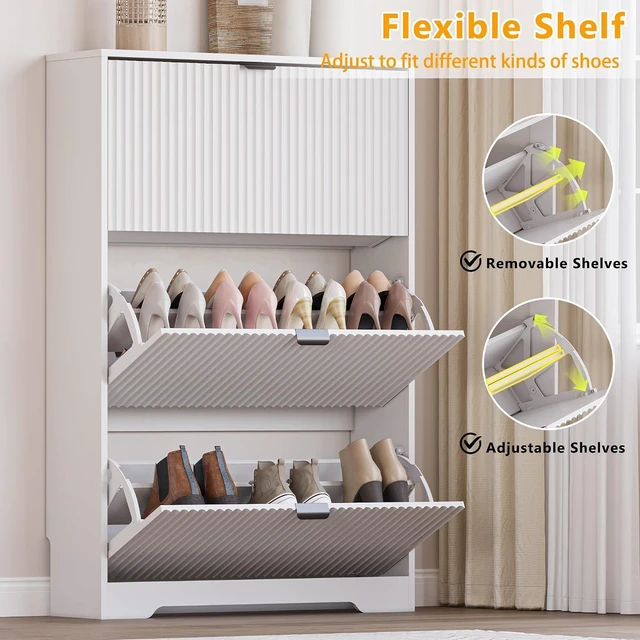 Alt view image 3 of 7 - Entryway Shoe Cabinet with 3 Flip Drawers, Narrow Shoe Organizer Cabinet with Fluted Panel and Adjustable Shelves for Foyer, Hallway