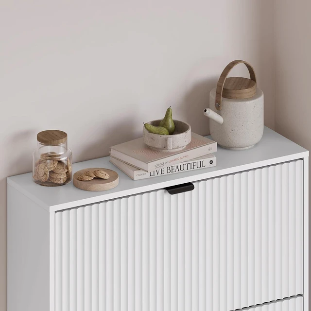 Alt view image 5 of 7 - Entryway Shoe Cabinet with 3 Flip Drawers, Narrow Shoe Organizer Cabinet with Fluted Panel and Adjustable Shelves for Foyer, Hallway