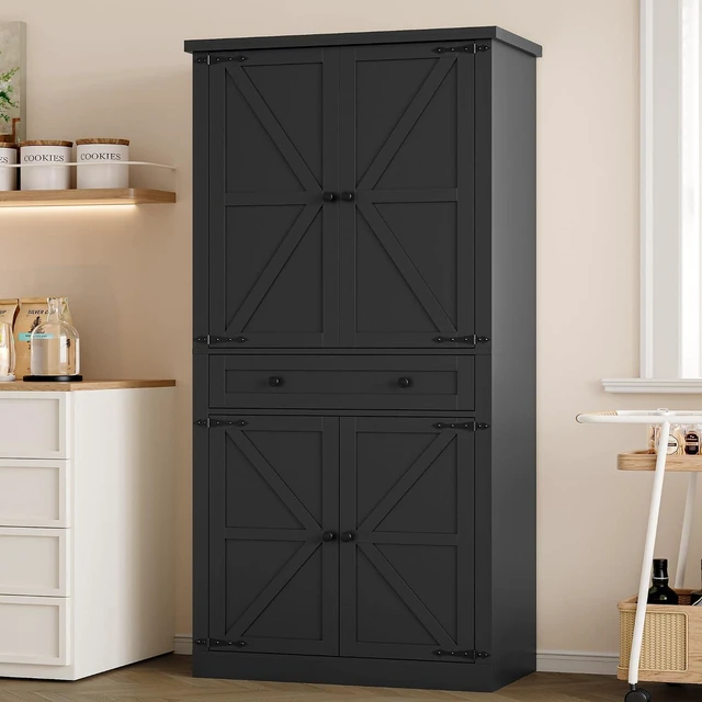 Main image of Pantry Organizers and Storage Cabinet, 67.7 Barn Door White Kitchen Cabinet with Drawers and Adjustable Shelf, Tall Pantry for Kitchen, Dining Room, Living Room