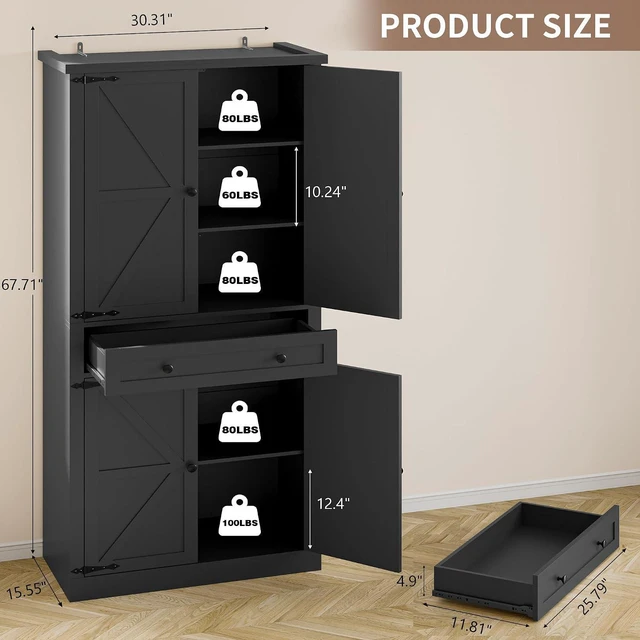 Alt view image 2 of 7 - Pantry Organizers and Storage Cabinet, 67.7 Barn Door White Kitchen Cabinet with Drawers and Adjustable Shelf, Tall Pantry for Kitchen, Dining Room, Living Room
