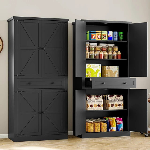 Alt view image 4 of 7 - Pantry Organizers and Storage Cabinet, 67.7 Barn Door White Kitchen Cabinet with Drawers and Adjustable Shelf, Tall Pantry for Kitchen, Dining Room, Living Room