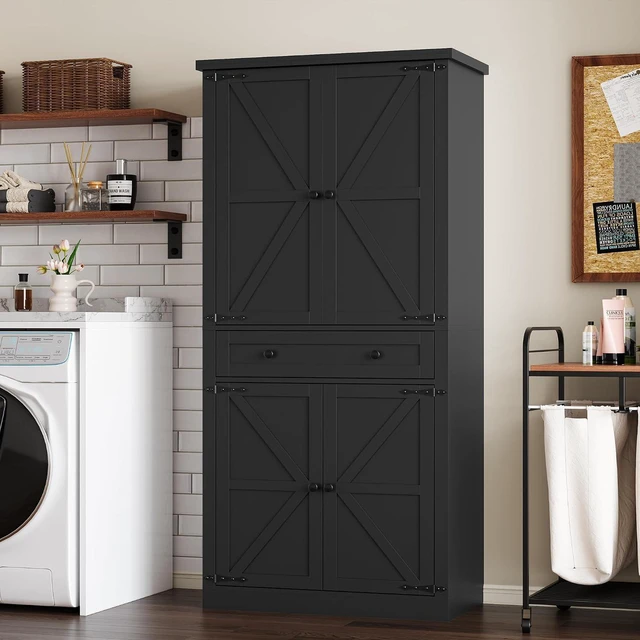 Alt view image 7 of 7 - Pantry Organizers and Storage Cabinet, 67.7 Barn Door White Kitchen Cabinet with Drawers and Adjustable Shelf, Tall Pantry for Kitchen, Dining Room, Living Room
