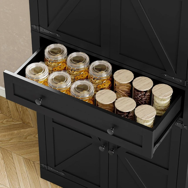 Alt view image 6 of 7 - Pantry Organizers and Storage Cabinet, 67.7 Barn Door White Kitchen Cabinet with Drawers and Adjustable Shelf, Tall Pantry for Kitchen, Dining Room, Living Room