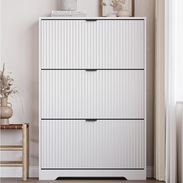 Alt view image 6 of 7 - Entryway Shoe Cabinet with 3 Flip Drawers, Narrow Shoe Organizer Cabinet with Fluted Panel and Adjustable Shelves for Foyer, Hallway