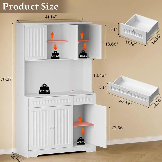 Alt view image 2 of 7 - Pantry Cabinet with Charging Station and Light, Tall Kitchen Pantry Storage Cabinet with Microwave Stand, Wide Fluted Kitchen Hutch with Storage Drawers and Adjustable Shelves for Dining Room