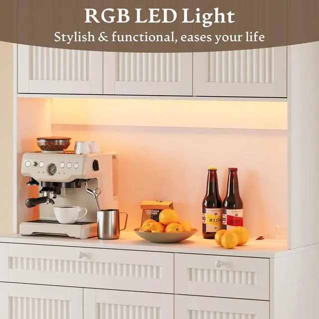 Alt view image 5 of 7 - Pantry Cabinet with Charging Station and Light, Tall Kitchen Pantry Storage Cabinet with Microwave Stand, Wide Fluted Kitchen Hutch with Storage Drawers and Adjustable Shelves for Dining Room