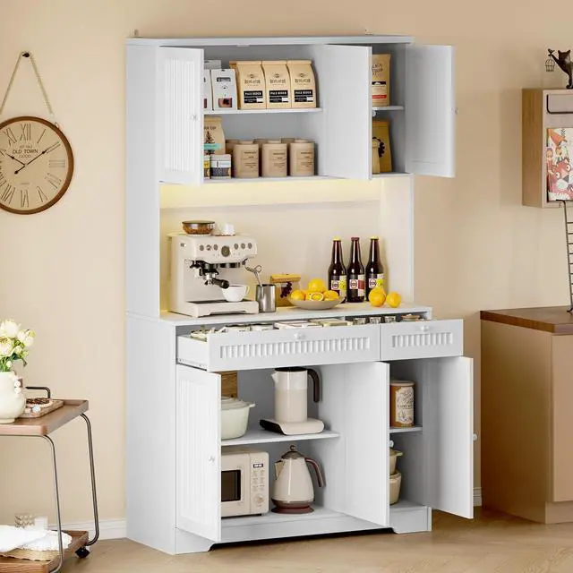 Alt view image 3 of 7 - Pantry Cabinet with Charging Station and Light, Tall Kitchen Pantry Storage Cabinet with Microwave Stand, Wide Fluted Kitchen Hutch with Storage Drawers and Adjustable Shelves for Dining Room