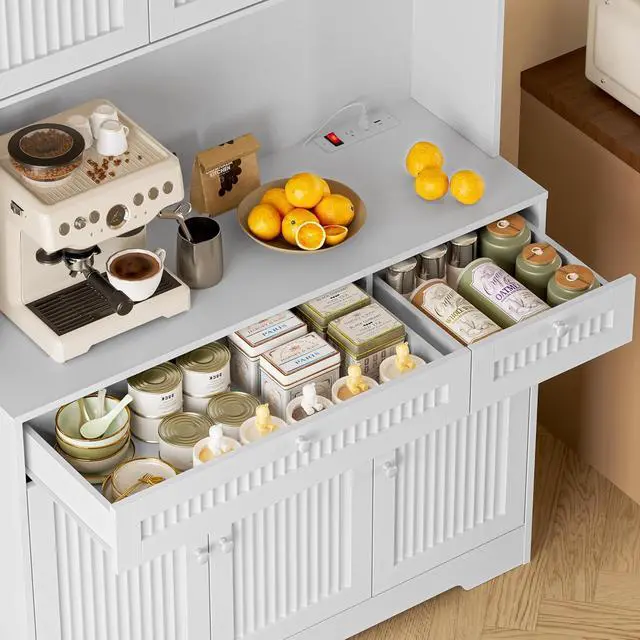 Alt view image 7 of 7 - Pantry Cabinet with Charging Station and Light, Tall Kitchen Pantry Storage Cabinet with Microwave Stand, Wide Fluted Kitchen Hutch with Storage Drawers and Adjustable Shelves for Dining Room