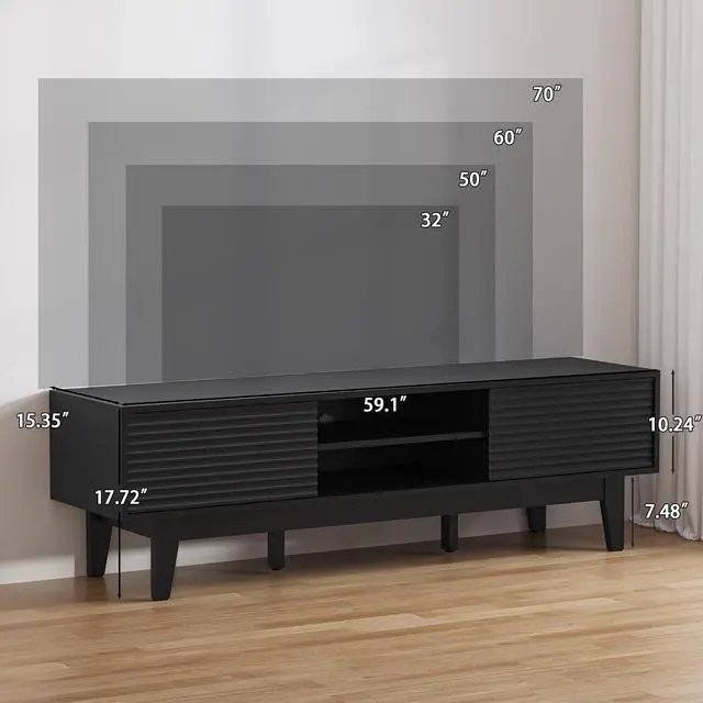 Alt view image 3 of 7 - TV Stand for 65 Inch TV, Modern Fluted Entertainment Center TV Console with Storage, Sliding Door Media Console, Wood TV Cabinet for Living Room, Bedroom