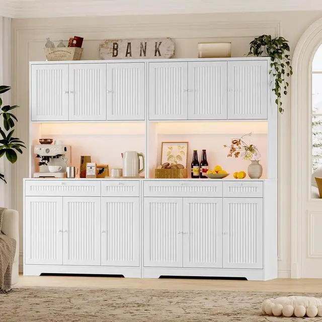 Alt view image 6 of 7 - Pantry Cabinet with Charging Station and Light, Tall Kitchen Pantry Storage Cabinet with Microwave Stand, Wide Fluted Kitchen Hutch with Storage Drawers and Adjustable Shelves for Dining Room