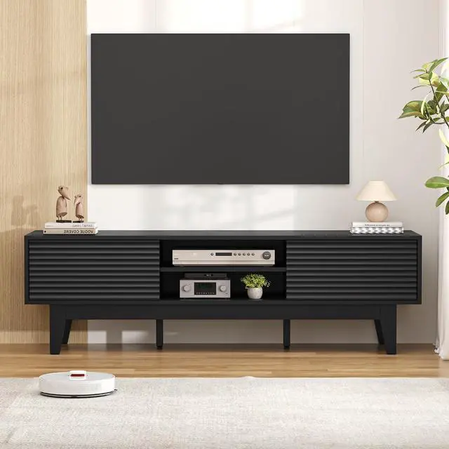 Alt view image 2 of 7 - TV Stand for 65 Inch TV, Modern Fluted Entertainment Center TV Console with Storage, Sliding Door Media Console, Wood TV Cabinet for Living Room, Bedroom