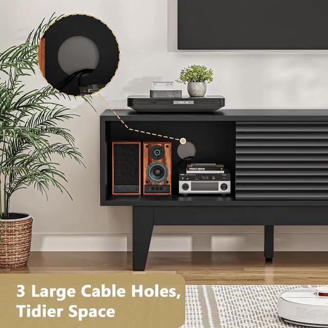 Alt view image 4 of 7 - TV Stand for 65 Inch TV, Modern Fluted Entertainment Center TV Console with Storage, Sliding Door Media Console, Wood TV Cabinet for Living Room, Bedroom