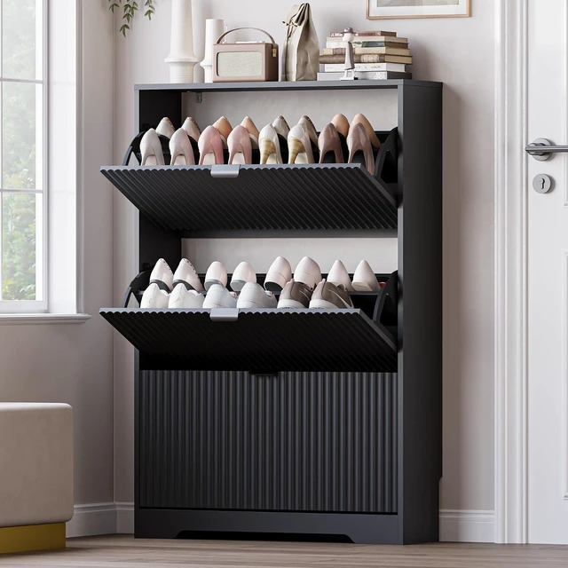 Main image of Entryway Shoe Cabinet with 3 Flip Drawers, Narrow Shoe Organizer Cabinet with Fluted Panel and Adjustable Shelves for Foyer, Hallway