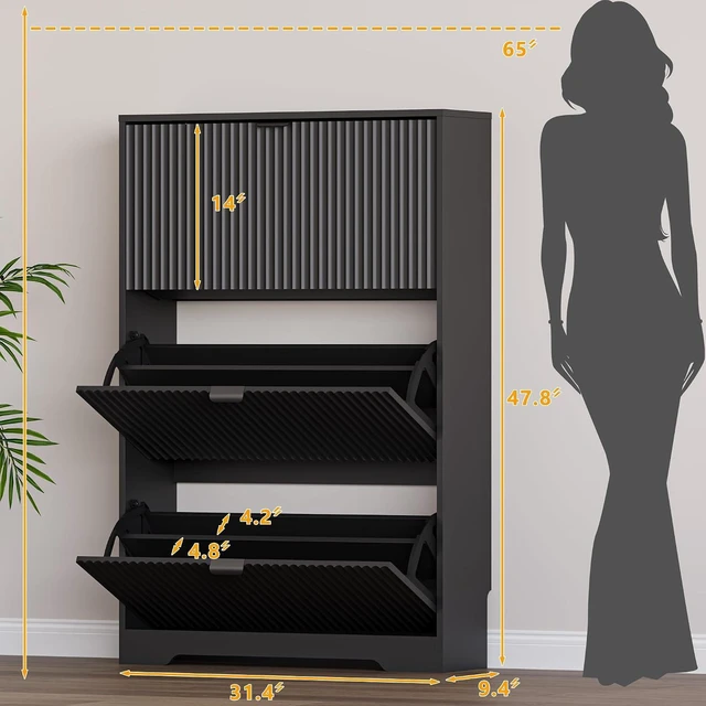 Alt view image 2 of 7 - Entryway Shoe Cabinet with 3 Flip Drawers, Narrow Shoe Organizer Cabinet with Fluted Panel and Adjustable Shelves for Foyer, Hallway