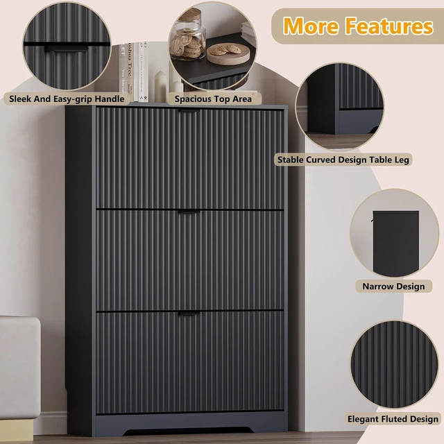 Alt view image 4 of 7 - Entryway Shoe Cabinet with 3 Flip Drawers, Narrow Shoe Organizer Cabinet with Fluted Panel and Adjustable Shelves for Foyer, Hallway