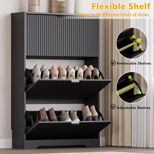 Alt view image 3 of 7 - Entryway Shoe Cabinet with 3 Flip Drawers, Narrow Shoe Organizer Cabinet with Fluted Panel and Adjustable Shelves for Foyer, Hallway