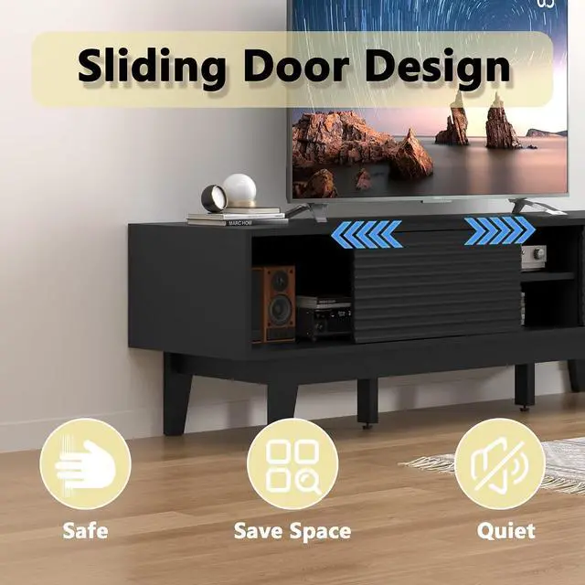Alt view image 5 of 7 - TV Stand for 65 Inch TV, Modern Fluted Entertainment Center TV Console with Storage, Sliding Door Media Console, Wood TV Cabinet for Living Room, Bedroom