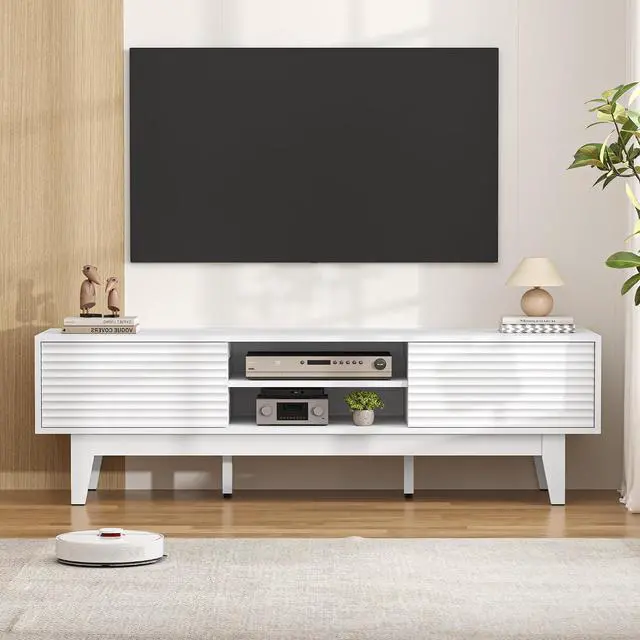 Alt view image 2 of 7 - TV Stand for 65 Inch TV, Modern Fluted Entertainment Center TV Console with Storage, Sliding Door Media Console, Wood TV Cabinet for Living Room, Bedroom