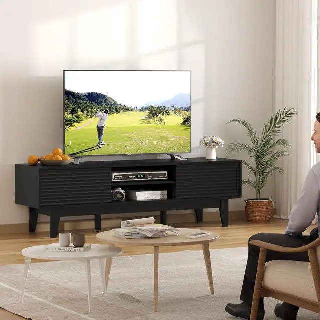Alt view image 7 of 7 - TV Stand for 65 Inch TV, Modern Fluted Entertainment Center TV Console with Storage, Sliding Door Media Console, Wood TV Cabinet for Living Room, Bedroom
