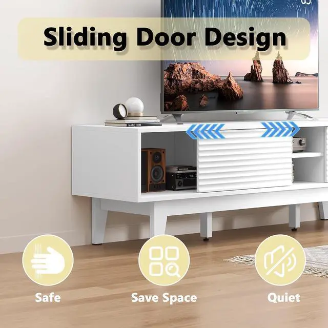 Alt view image 5 of 7 - TV Stand for 65 Inch TV, Modern Fluted Entertainment Center TV Console with Storage, Sliding Door Media Console, Wood TV Cabinet for Living Room, Bedroom