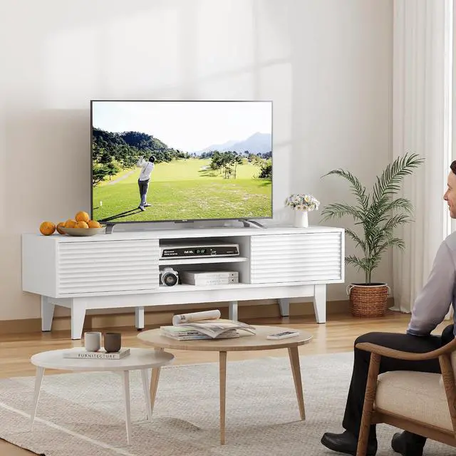 Alt view image 7 of 7 - TV Stand for 65 Inch TV, Modern Fluted Entertainment Center TV Console with Storage, Sliding Door Media Console, Wood TV Cabinet for Living Room, Bedroom