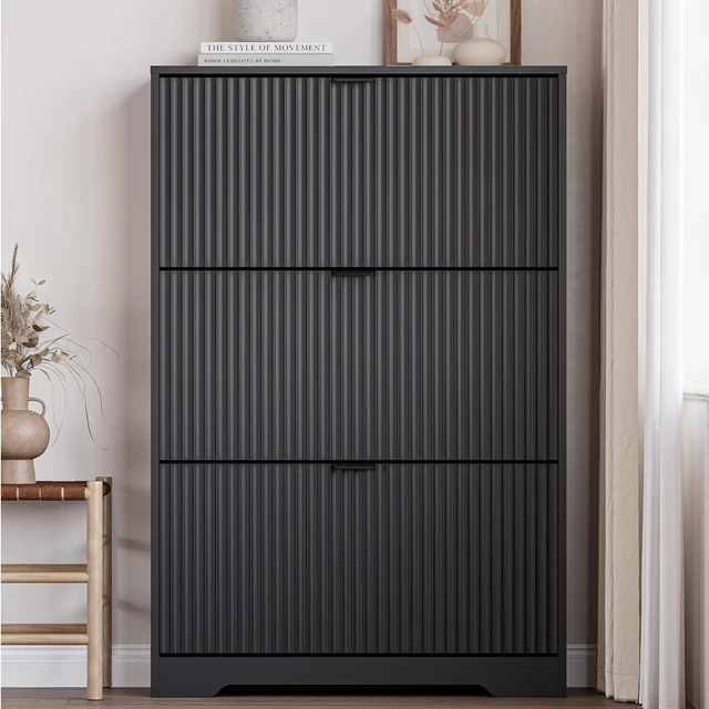 Alt view image 6 of 7 - Entryway Shoe Cabinet with 3 Flip Drawers, Narrow Shoe Organizer Cabinet with Fluted Panel and Adjustable Shelves for Foyer, Hallway