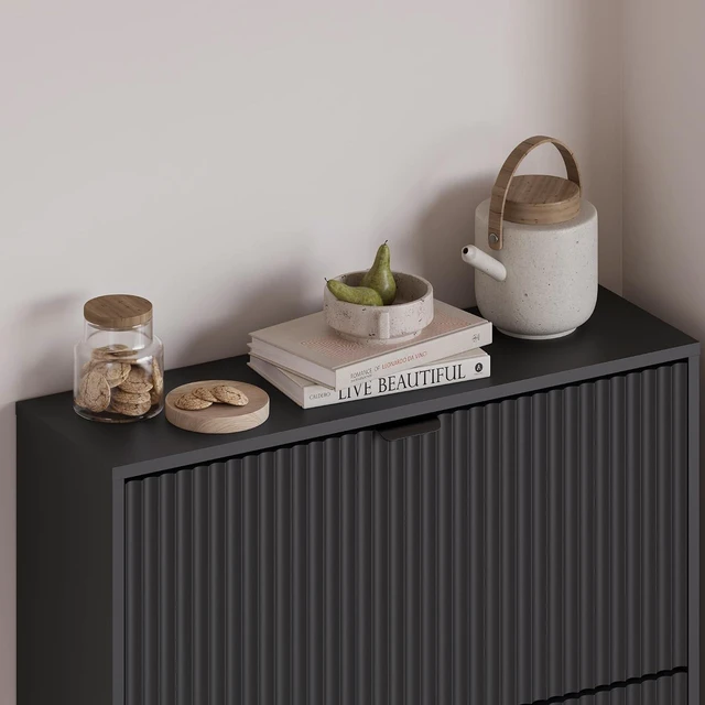 Alt view image 5 of 7 - Entryway Shoe Cabinet with 3 Flip Drawers, Narrow Shoe Organizer Cabinet with Fluted Panel and Adjustable Shelves for Foyer, Hallway