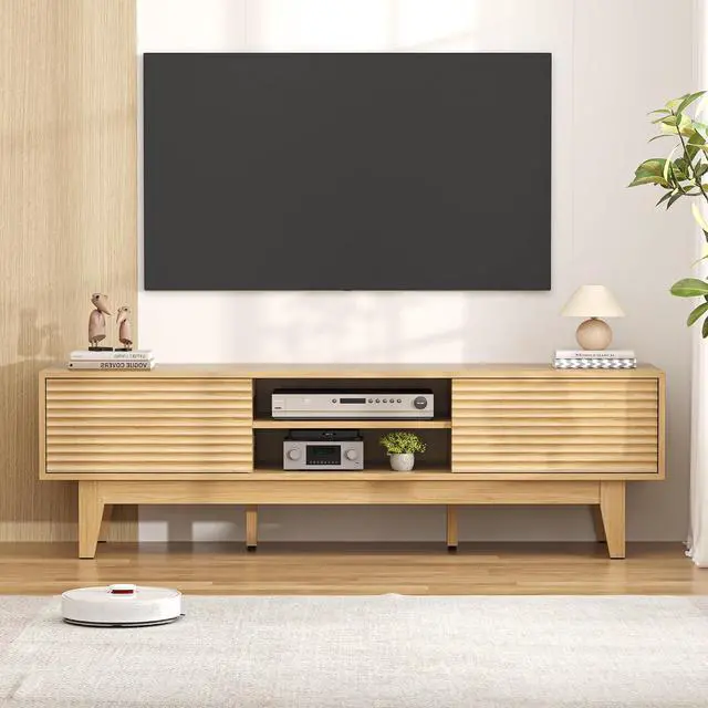 Alt view image 2 of 7 - TV Stand for 65 Inch TV, Modern Fluted Entertainment Center TV Console with Storage, Sliding Door Media Console, Wood TV Cabinet for Living Room, Bedroom