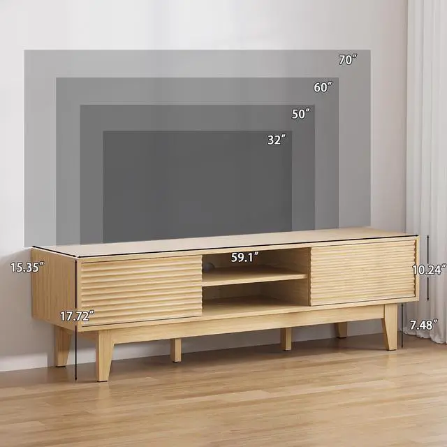 Alt view image 3 of 7 - TV Stand for 65 Inch TV, Modern Fluted Entertainment Center TV Console with Storage, Sliding Door Media Console, Wood TV Cabinet for Living Room, Bedroom