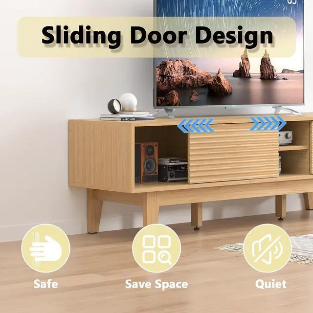 Alt view image 5 of 7 - TV Stand for 65 Inch TV, Modern Fluted Entertainment Center TV Console with Storage, Sliding Door Media Console, Wood TV Cabinet for Living Room, Bedroom