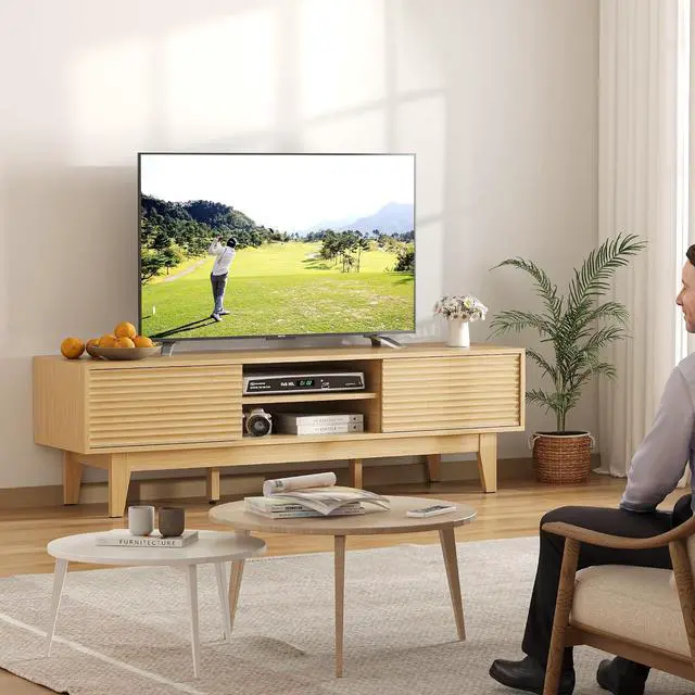 Alt view image 7 of 7 - TV Stand for 65 Inch TV, Modern Fluted Entertainment Center TV Console with Storage, Sliding Door Media Console, Wood TV Cabinet for Living Room, Bedroom