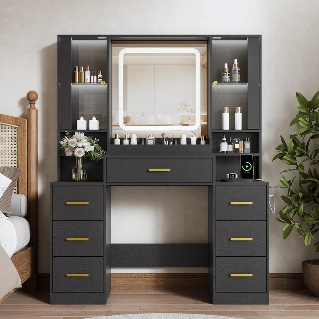 Alt view image 3 of 7 - Vanity Desk with Mirror and Lights, Makeup Vanity with 7 Drawers, 2 Glass Door Cabinets, Charging Station, Adjustable Shelves, RGB Lighting, Holder
