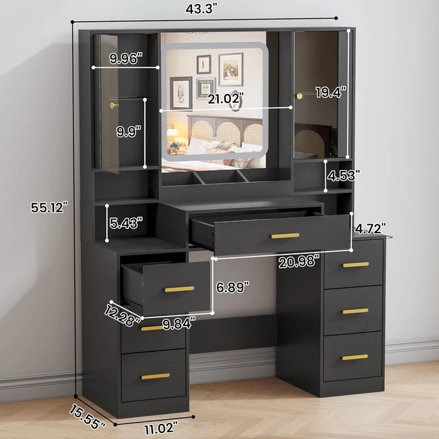 Alt view image 2 of 7 - Vanity Desk with Mirror and Lights, Makeup Vanity with 7 Drawers, 2 Glass Door Cabinets, Charging Station, Adjustable Shelves, RGB Lighting, Holder