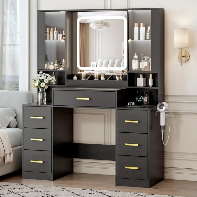 Main image of Vanity Desk with Mirror and Lights, Makeup Vanity with 7 Drawers, 2 Glass Door Cabinets, Charging Station, Adjustable Shelves, RGB Lighting, Holder