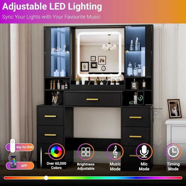 Alt view image 5 of 7 - Vanity Desk with Mirror and Lights, Makeup Vanity with 7 Drawers, 2 Glass Door Cabinets, Charging Station, Adjustable Shelves, RGB Lighting, Holder