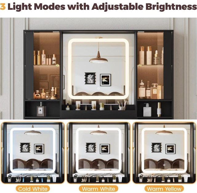 Alt view image 6 of 7 - Vanity Desk with Mirror and Lights, Makeup Vanity with 7 Drawers, 2 Glass Door Cabinets, Charging Station, Adjustable Shelves, RGB Lighting, Holder