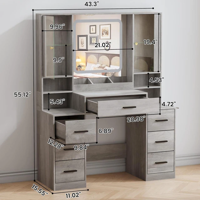 Alt view image 2 of 7 - Vanity Desk with Mirror and Lights, Makeup Vanity with 7 Drawers, 2 Glass Door Cabinets, Charging Station, Adjustable Shelves, RGB Lighting, Holder