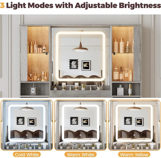 Alt view image 6 of 7 - Vanity Desk with Mirror and Lights, Makeup Vanity with 7 Drawers, 2 Glass Door Cabinets, Charging Station, Adjustable Shelves, RGB Lighting, Holder