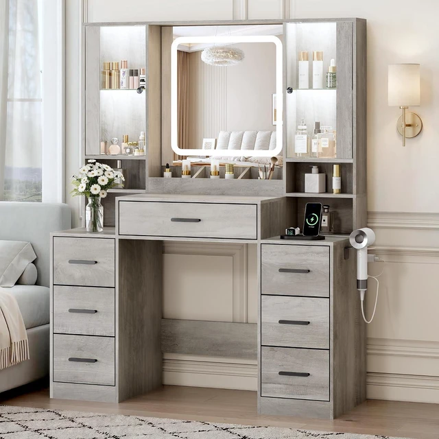 Main image of Vanity Desk with Mirror and Lights, Makeup Vanity with 7 Drawers, 2 Glass Door Cabinets, Charging Station, Adjustable Shelves, RGB Lighting, Holder