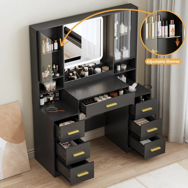 Alt view image 4 of 7 - Vanity Desk with Mirror and Lights, Makeup Vanity with 7 Drawers, 2 Glass Door Cabinets, Charging Station, Adjustable Shelves, RGB Lighting, Holder
