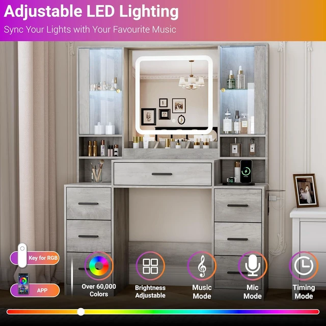 Alt view image 5 of 7 - Vanity Desk with Mirror and Lights, Makeup Vanity with 7 Drawers, 2 Glass Door Cabinets, Charging Station, Adjustable Shelves, RGB Lighting, Holder