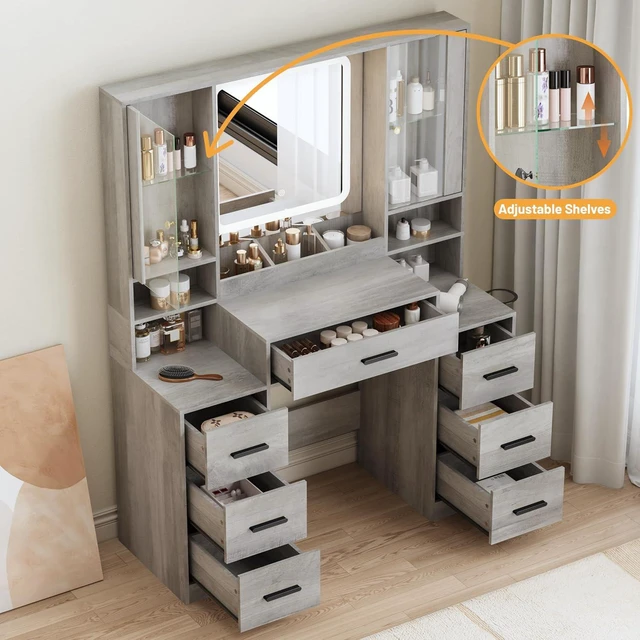 Alt view image 4 of 7 - Vanity Desk with Mirror and Lights, Makeup Vanity with 7 Drawers, 2 Glass Door Cabinets, Charging Station, Adjustable Shelves, RGB Lighting, Holder
