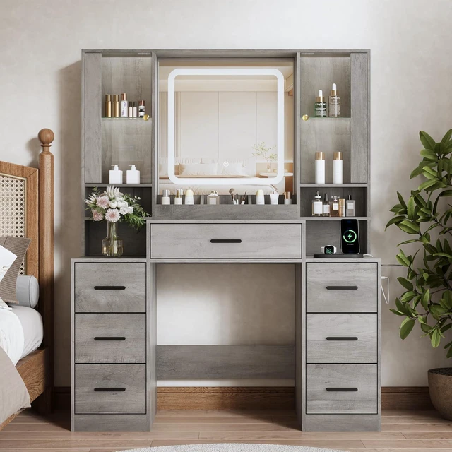 Alt view image 3 of 7 - Vanity Desk with Mirror and Lights, Makeup Vanity with 7 Drawers, 2 Glass Door Cabinets, Charging Station, Adjustable Shelves, RGB Lighting, Holder