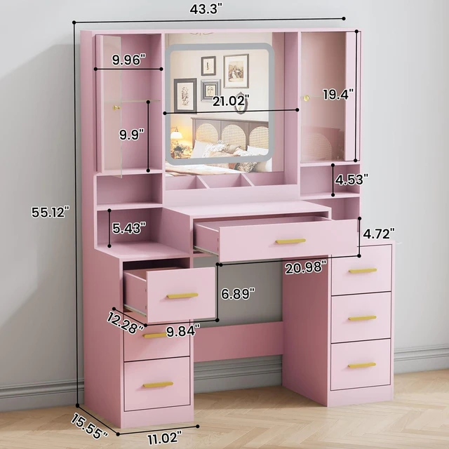Alt view image 2 of 7 - Vanity Desk with Mirror and Lights, Makeup Vanity with 7 Drawers, 2 Glass Door Cabinets, Charging Station, Adjustable Shelves, RGB Lighting, Holder