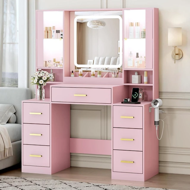 Main image of Vanity Desk with Mirror and Lights, Makeup Vanity with 7 Drawers, 2 Glass Door Cabinets, Charging Station, Adjustable Shelves, RGB Lighting, Holder