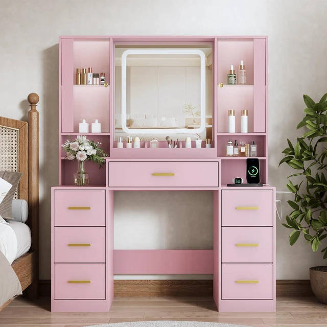 Alt view image 3 of 7 - Vanity Desk with Mirror and Lights, Makeup Vanity with 7 Drawers, 2 Glass Door Cabinets, Charging Station, Adjustable Shelves, RGB Lighting, Holder