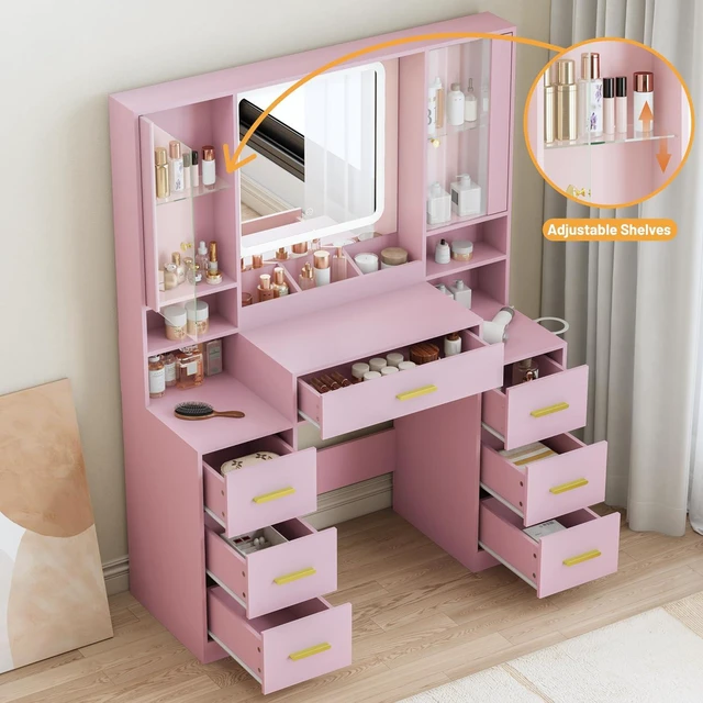 Alt view image 4 of 7 - Vanity Desk with Mirror and Lights, Makeup Vanity with 7 Drawers, 2 Glass Door Cabinets, Charging Station, Adjustable Shelves, RGB Lighting, Holder