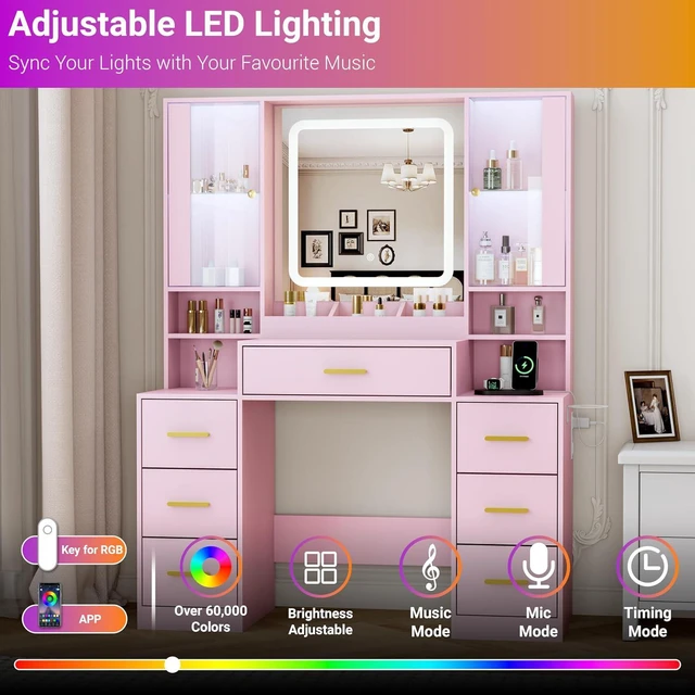 Alt view image 5 of 7 - Vanity Desk with Mirror and Lights, Makeup Vanity with 7 Drawers, 2 Glass Door Cabinets, Charging Station, Adjustable Shelves, RGB Lighting, Holder